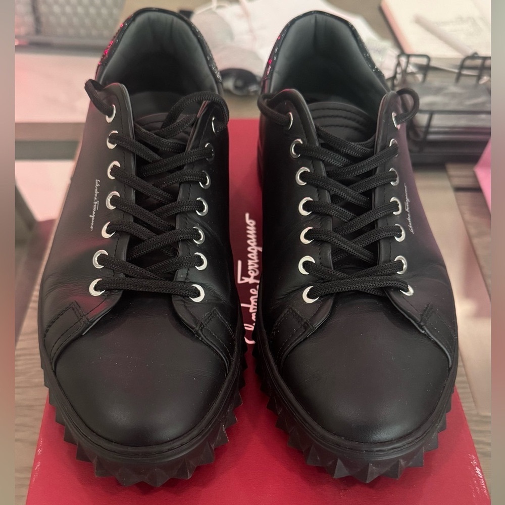 Salvatore Ferragamo Cube Sneakers-Black Leather- Size 9.5M w/ Box & Dust Bags